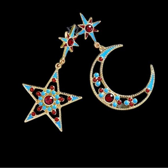 Bijoux Star Crescent Moon Mismatched Gold Tone Multicolor Dangle Earrings NWT - Picture 3 of 14